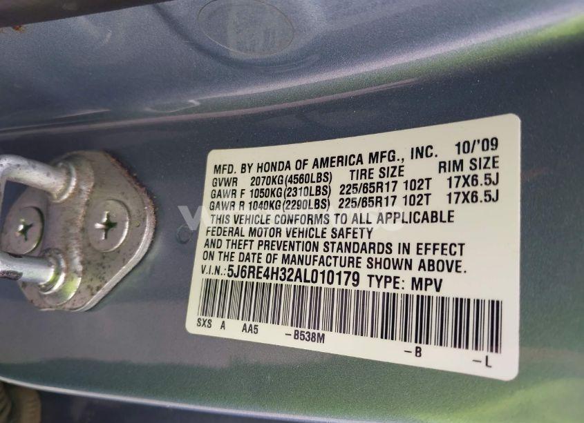 Photo 9 of 2010 Honda Cr-v LX (VIN 5J6RE4H32AL010179)