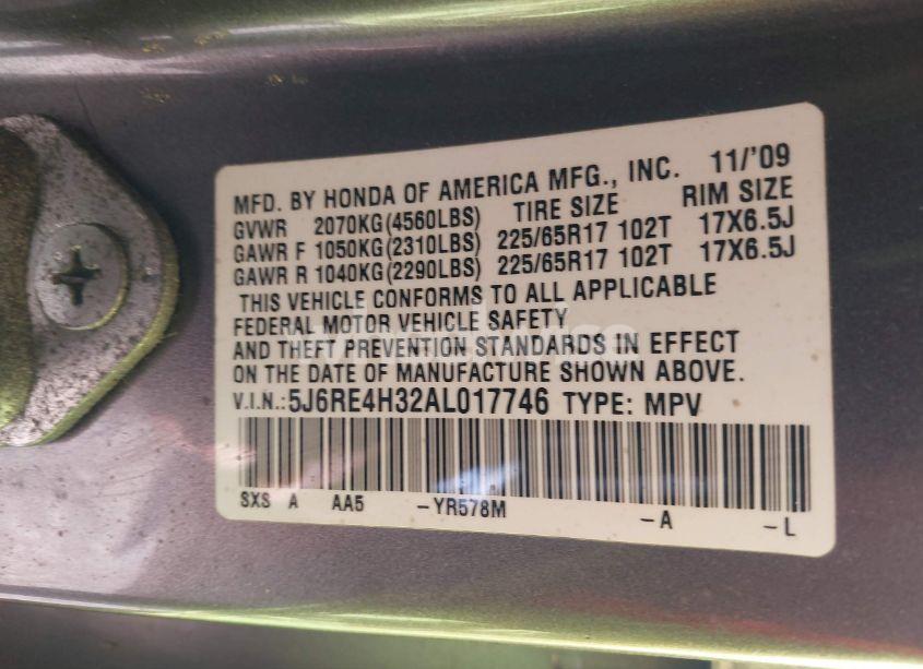 Photo 9 of 2010 Honda Cr-v LX (VIN 5J6RE4H32AL017746)