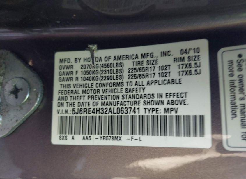 Photo 9 of 2010 Honda Cr-v LX (VIN 5J6RE4H32AL063741)