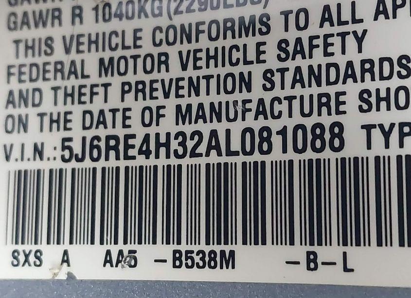 Photo 9 of 2010 Honda Cr-v LX (VIN 5J6RE4H32AL081088)