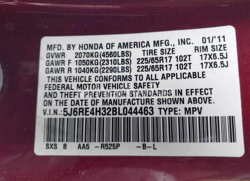 Photo 9 of 2011 Honda Cr-v LX (VIN 5J6RE4H32BL044463)