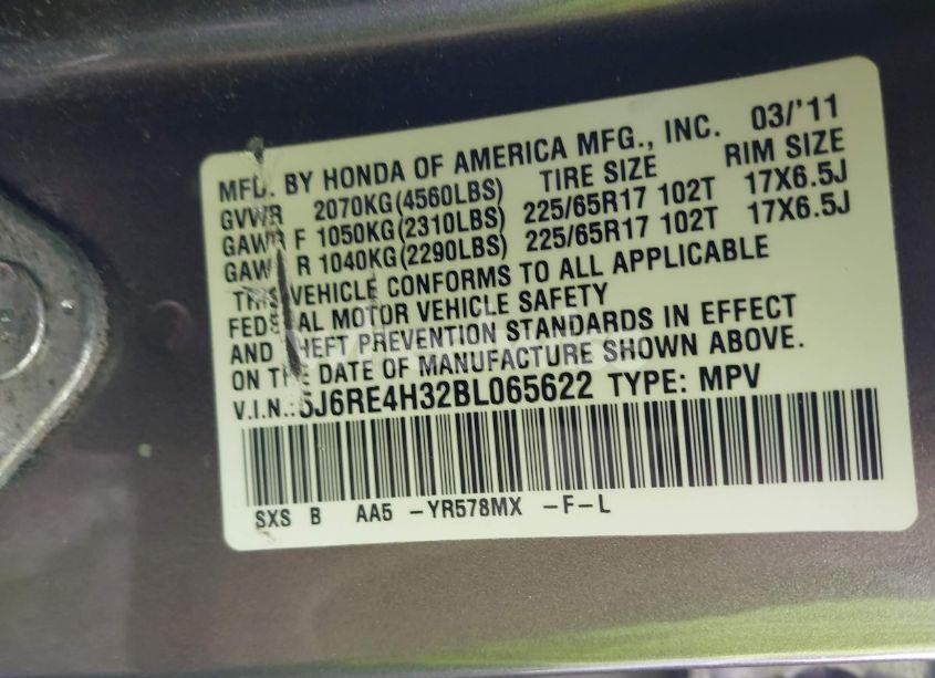 Photo 9 of 2011 Honda Cr-v LX (VIN 5J6RE4H32BL065622)