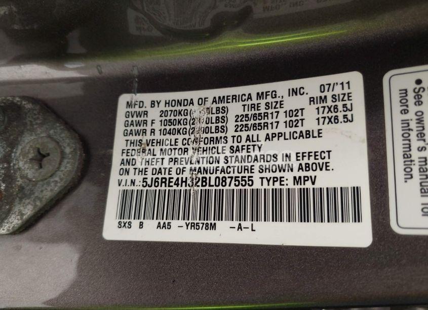 Photo 9 of 2011 Honda Cr-v LX (VIN 5J6RE4H32BL087555)