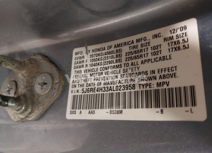 Photo 9 of 2010 Honda Cr-v LX (VIN 5J6RE4H33AL023958)