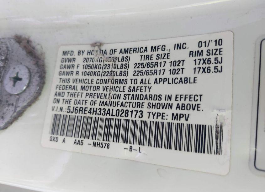 Photo 9 of 2010 Honda Cr-v LX (VIN 5J6RE4H33AL028173)