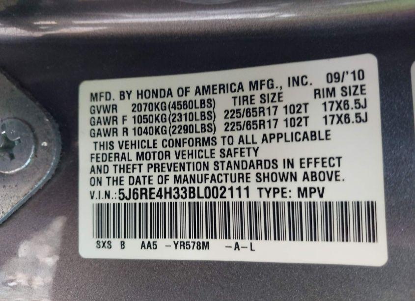 Photo 9 of 2011 Honda Cr-v LX (VIN 5J6RE4H33BL002111)