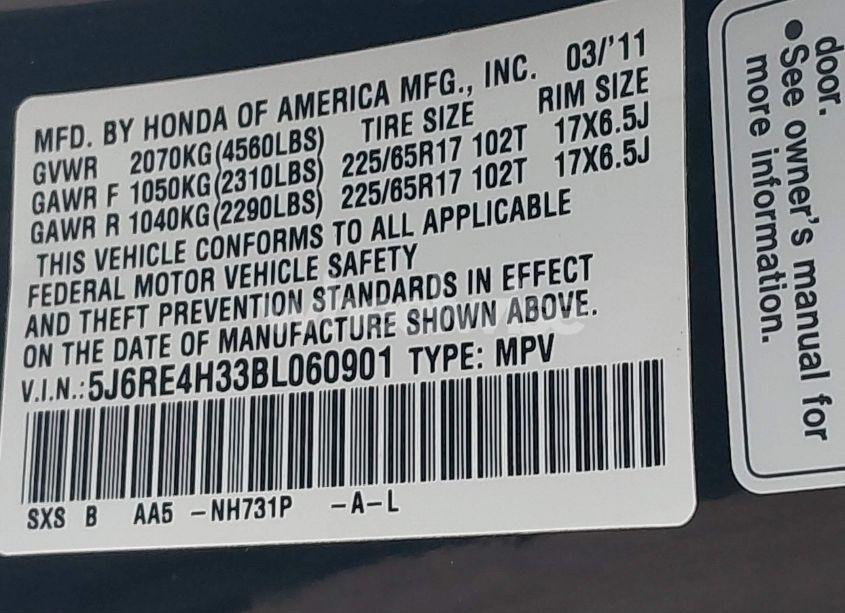 Photo 9 of 2011 Honda Cr-v LX (VIN 5J6RE4H33BL060901)