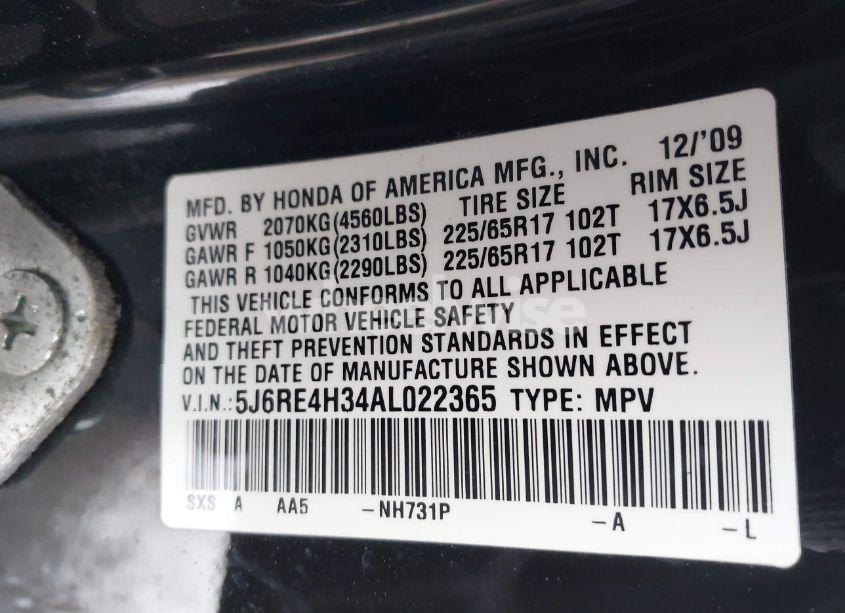 Photo 9 of 2010 Honda Cr-v LX (VIN 5J6RE4H34AL022365)
