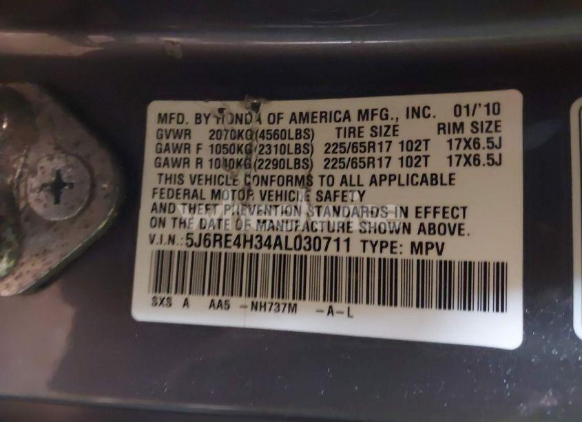 Photo 9 of 2010 Honda Cr-v LX (VIN 5J6RE4H34AL030711)