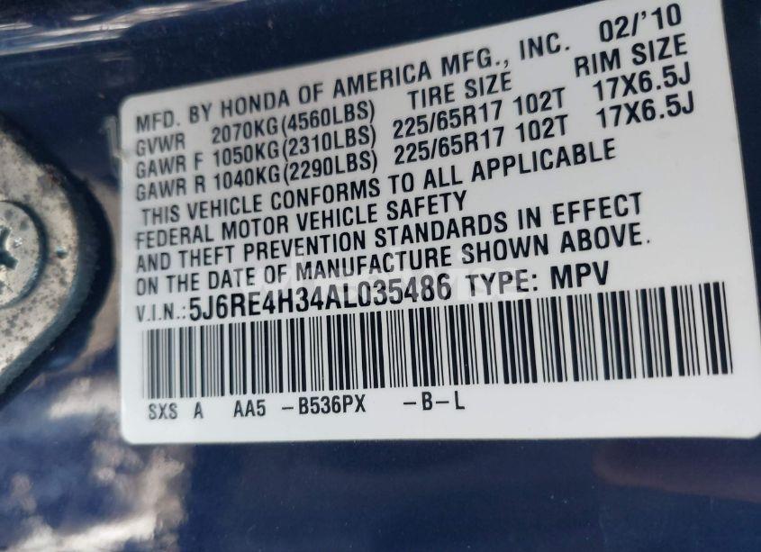 Photo 9 of 2010 Honda Cr-v LX (VIN 5J6RE4H34AL035486)