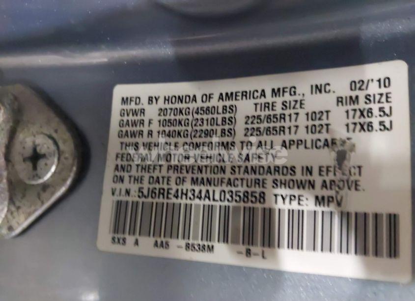 Photo 9 of 2010 Honda Cr-v LX (VIN 5J6RE4H34AL035858)