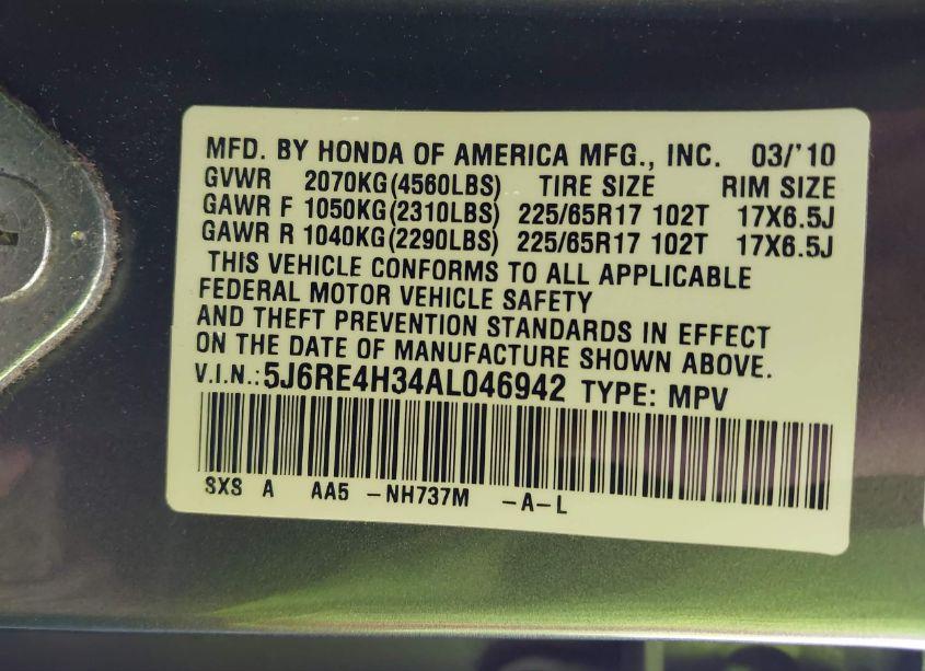 Photo 9 of 2010 Honda Cr-v LX (VIN 5J6RE4H34AL046942)