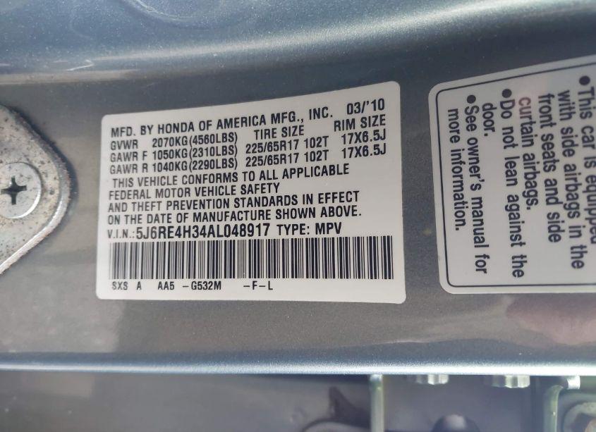 Photo 9 of 2010 Honda Cr-v LX (VIN 5J6RE4H34AL048917)