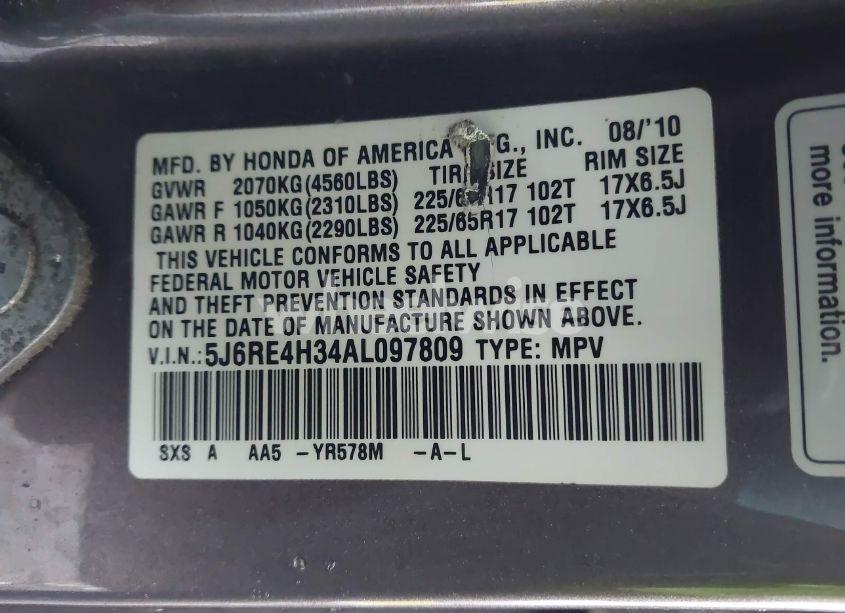 Photo 9 of 2010 Honda Cr-v LX (VIN 5J6RE4H34AL097809)