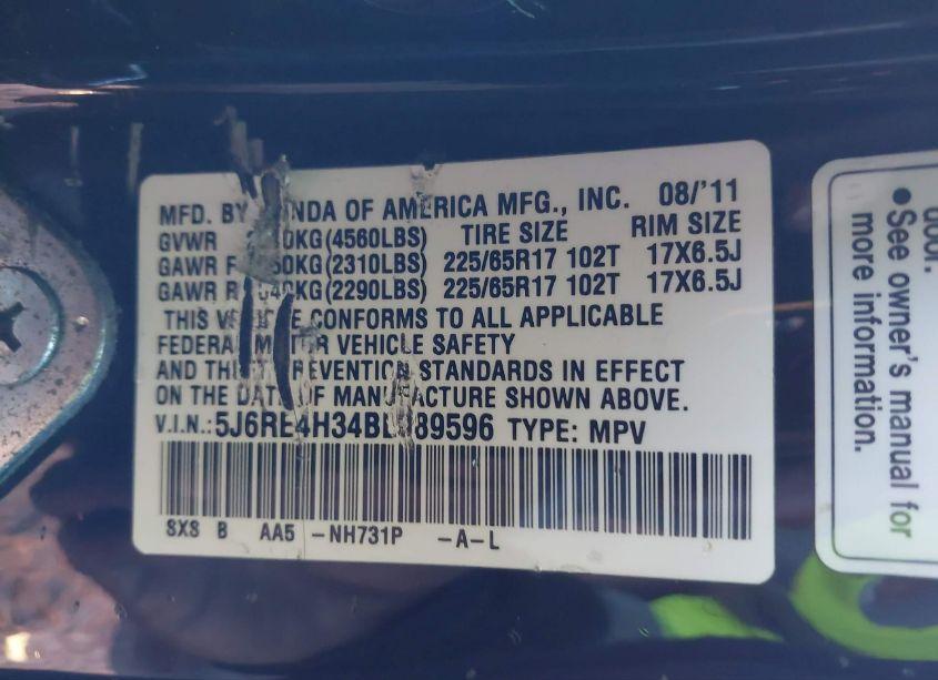 Photo 9 of 2011 Honda Cr-v LX (VIN 5J6RE4H34BL089596)