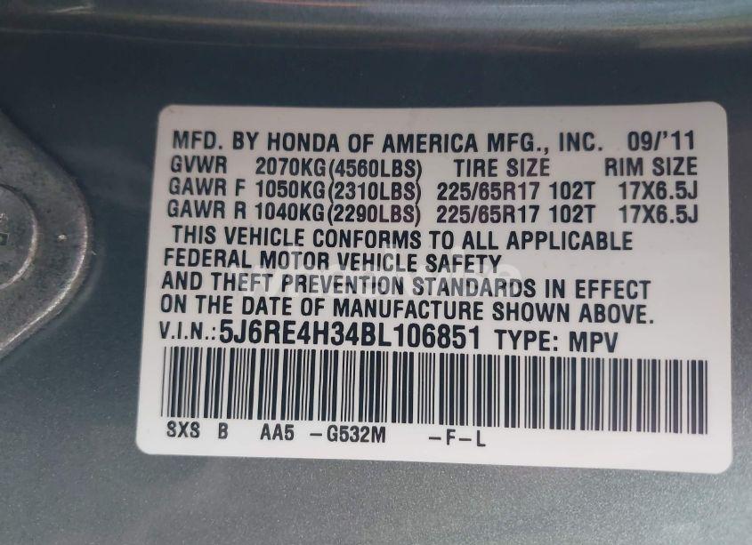 Photo 9 of 2011 Honda Cr-v LX (VIN 5J6RE4H34BL106851)