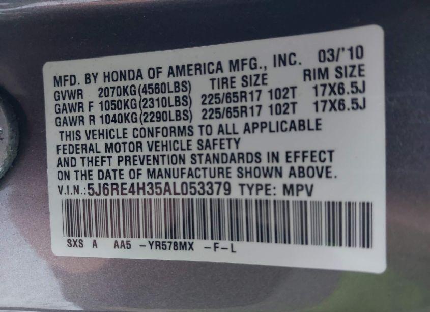 Photo 9 of 2010 Honda Cr-v LX (VIN 5J6RE4H35AL053379)