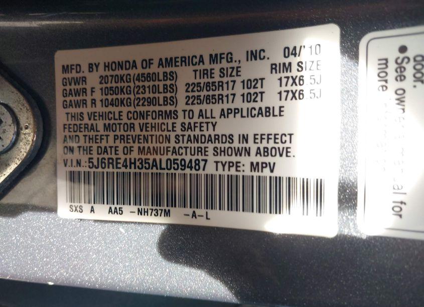 Photo 9 of 2010 Honda Cr-v LX (VIN 5J6RE4H35AL059487)