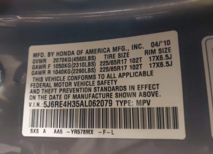 Photo 9 of 2010 Honda Cr-v LX (VIN 5J6RE4H35AL062079)