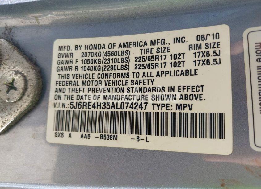 Photo 9 of 2010 Honda Cr-v LX (VIN 5J6RE4H35AL074247)