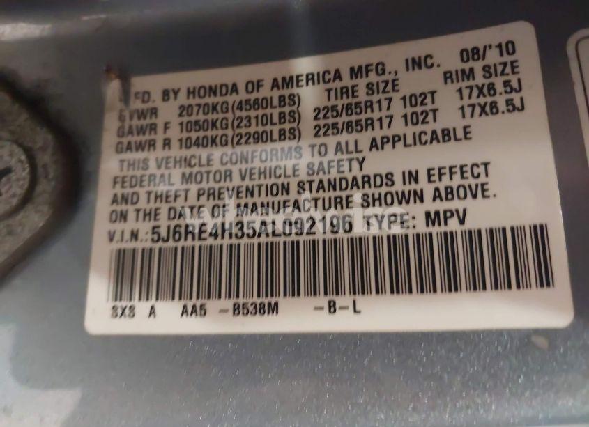 Photo 9 of 2010 Honda Cr-v LX (VIN 5J6RE4H35AL092196)