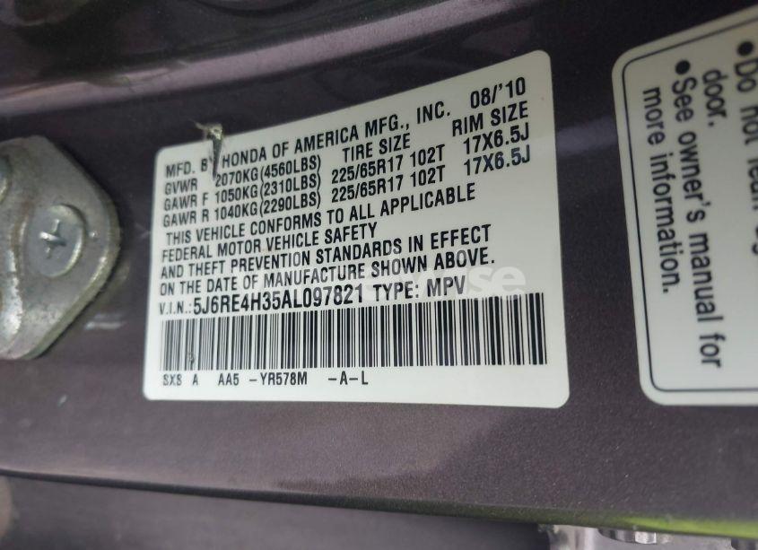 Photo 9 of 2010 Honda Cr-v LX (VIN 5J6RE4H35AL097821)