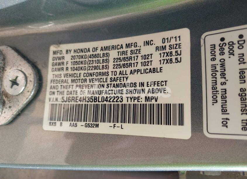 Photo 9 of 2011 Honda Cr-v LX (VIN 5J6RE4H35BL042223)