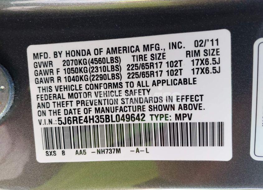 Photo 9 of 2011 Honda Cr-v LX (VIN 5J6RE4H35BL049642)