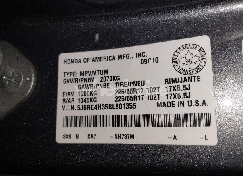 Photo 9 of 2011 Honda Cr-v LX (VIN 5J6RE4H35BL801355)