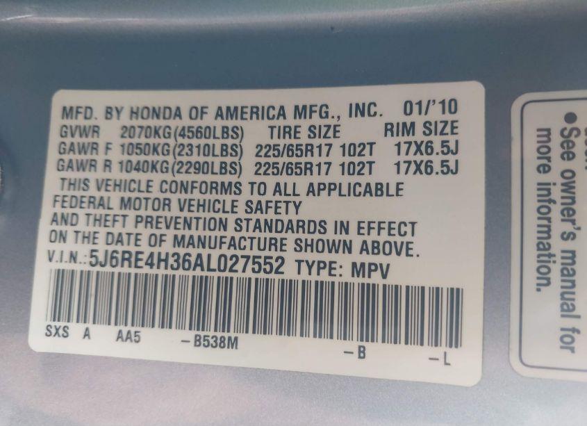 Photo 9 of 2010 Honda Cr-v LX (VIN 5J6RE4H36AL027552)