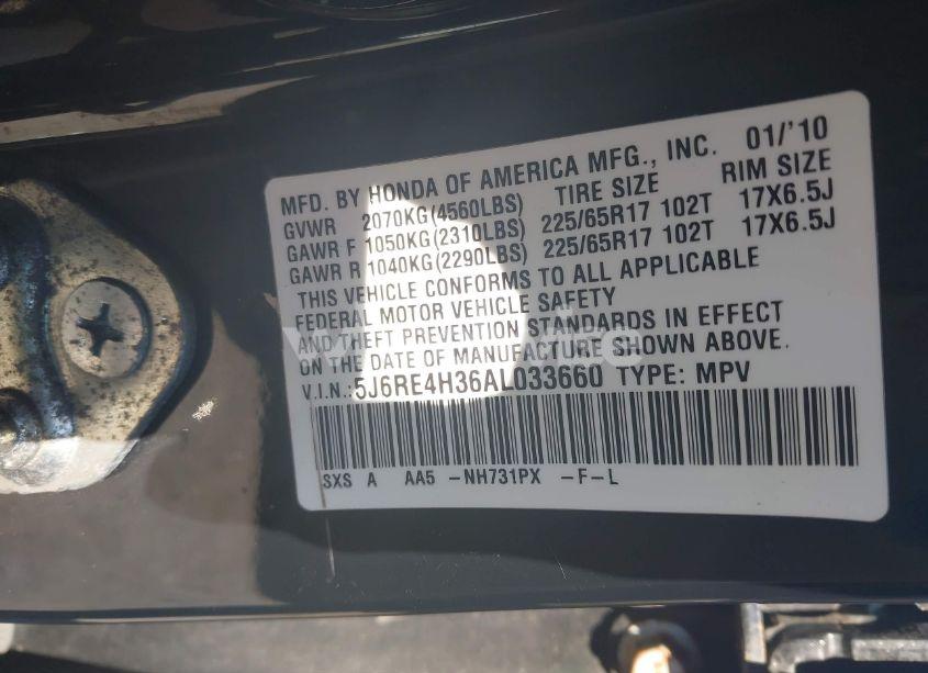 Photo 9 of 2010 Honda Cr-v LX (VIN 5J6RE4H36AL033660)