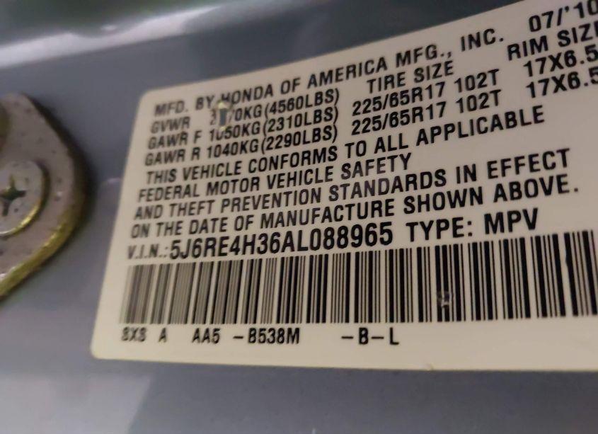 Photo 9 of 2010 Honda Cr-v LX (VIN 5J6RE4H36AL088965)