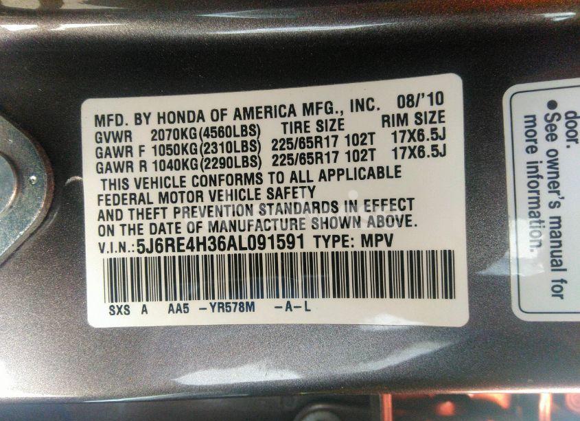 Photo 9 of 2010 Honda Cr-v LX (VIN 5J6RE4H36AL091591)