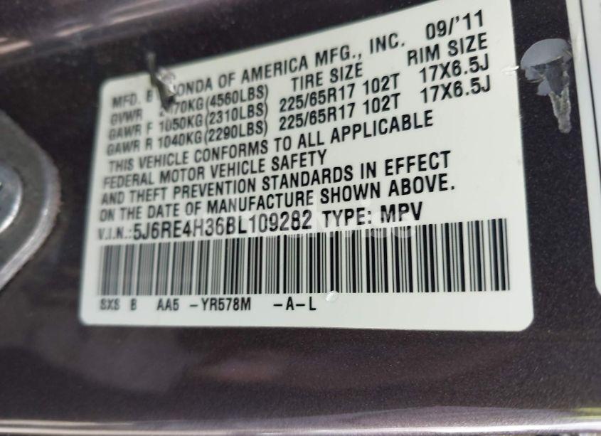 Photo 9 of 2011 Honda Cr-v LX (VIN 5J6RE4H36BL109282)