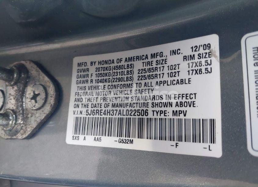 Photo 9 of 2010 Honda Cr-v LX (VIN 5J6RE4H37AL022506)