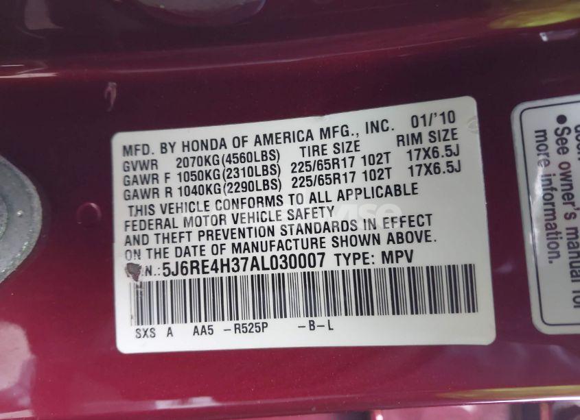 Photo 9 of 2010 Honda Cr-v LX (VIN 5J6RE4H37AL030007)