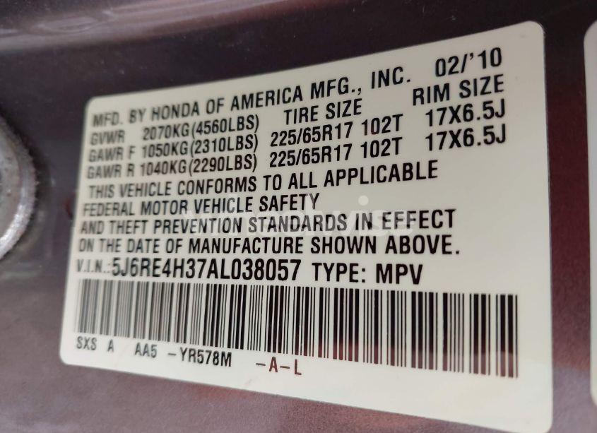 Photo 9 of 2010 Honda Cr-v LX (VIN 5J6RE4H37AL038057)