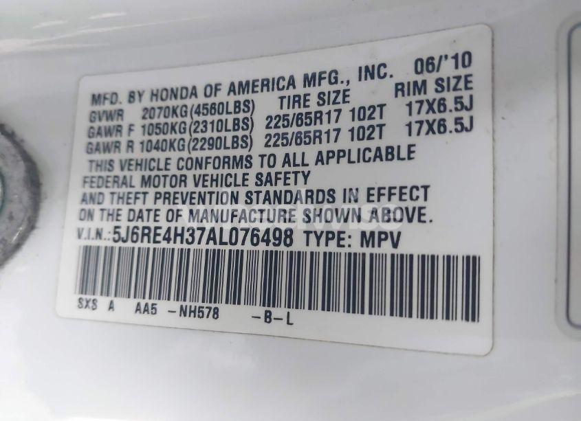 Photo 9 of 2010 Honda Cr-v LX (VIN 5J6RE4H37AL076498)