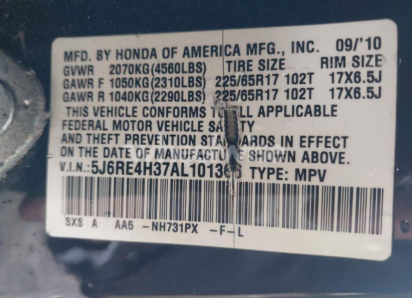 Photo 9 of 2010 Honda Cr-v LX (VIN 5J6RE4H37AL101366)