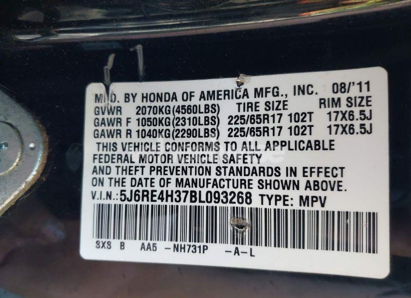 Photo 9 of 2011 Honda Cr-v LX (VIN 5J6RE4H37BL093268)