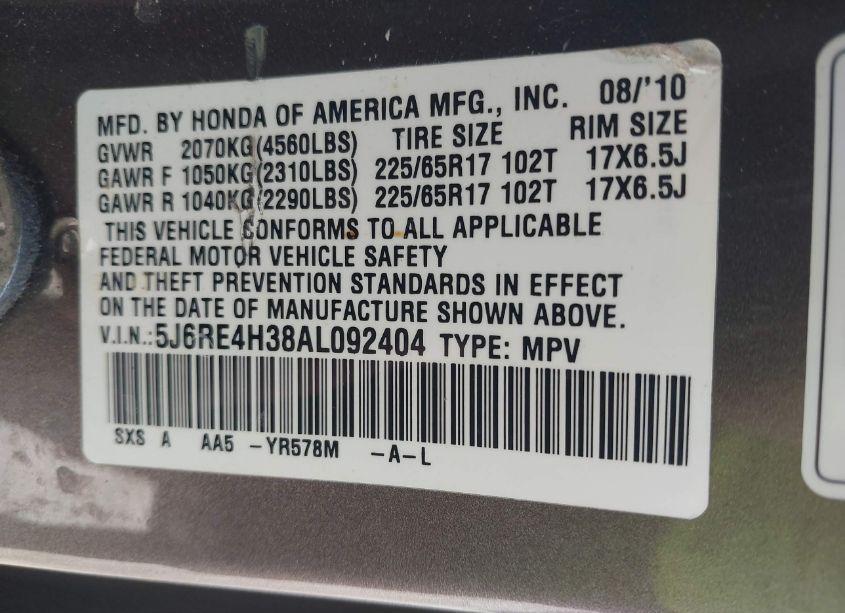 Photo 9 of 2010 Honda Cr-v LX (VIN 5J6RE4H38AL092404)