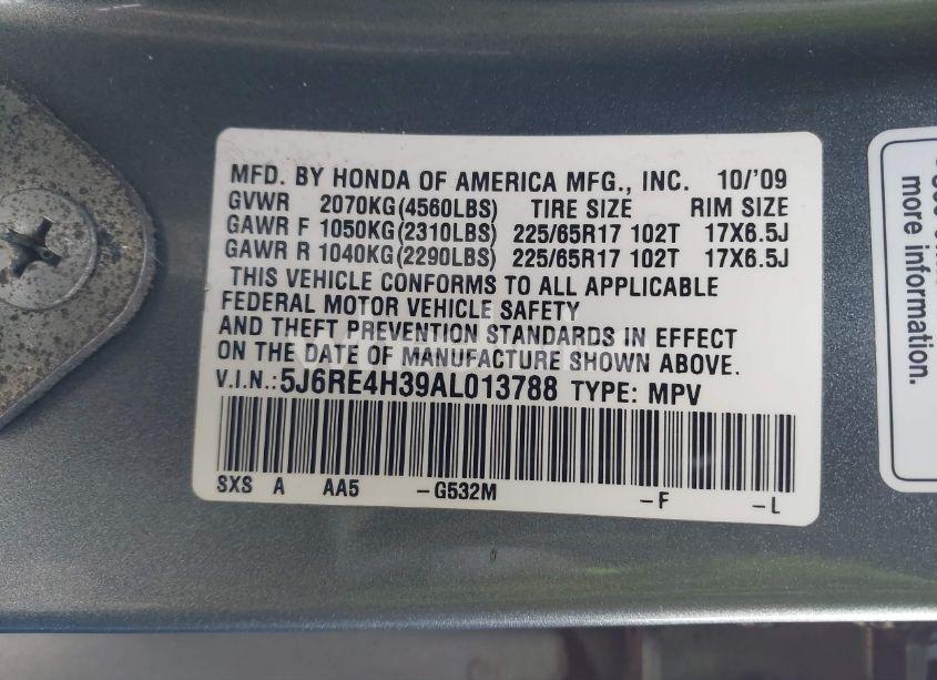 Photo 9 of 2010 Honda Cr-v LX (VIN 5J6RE4H39AL013788)