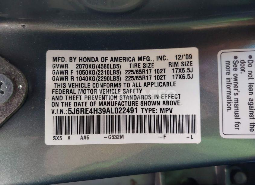 Photo 9 of 2010 Honda Cr-v LX (VIN 5J6RE4H39AL022491)