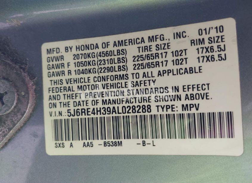 Photo 9 of 2010 Honda Cr-v LX (VIN 5J6RE4H39AL028288)