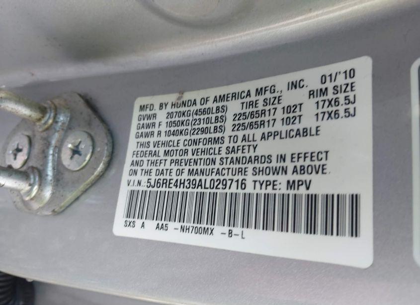 Photo 9 of 2010 Honda Cr-v LX (VIN 5J6RE4H39AL029716)