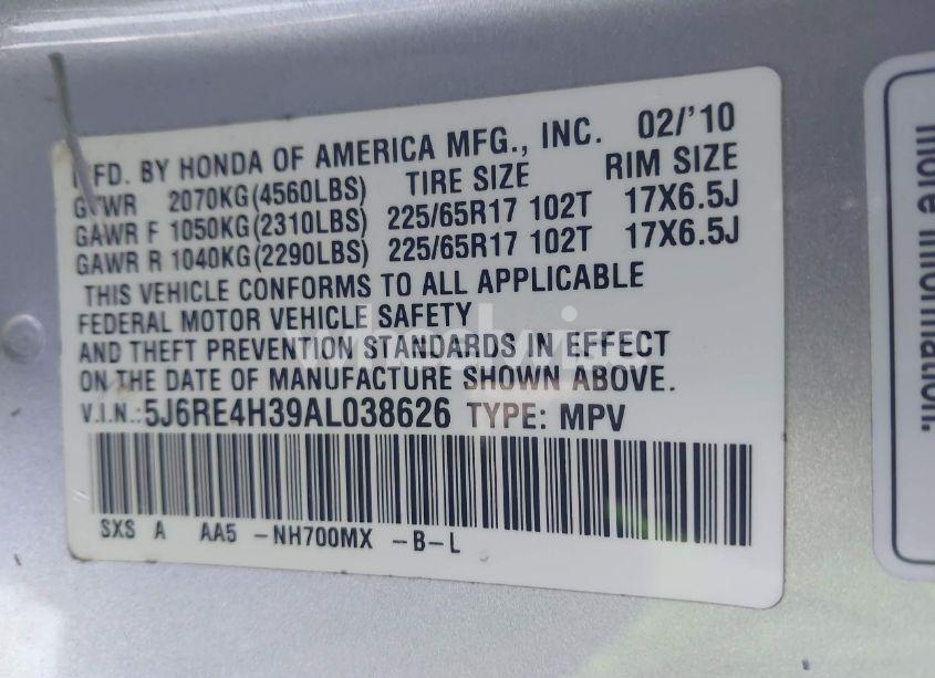 Photo 9 of 2010 Honda Cr-v LX (VIN 5J6RE4H39AL038626)