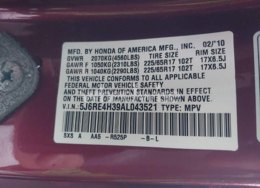 Photo 9 of 2010 Honda Cr-v LX (VIN 5J6RE4H39AL043521)