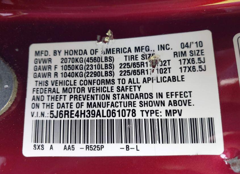 Photo 9 of 2010 Honda Cr-v LX (VIN 5J6RE4H39AL061078)