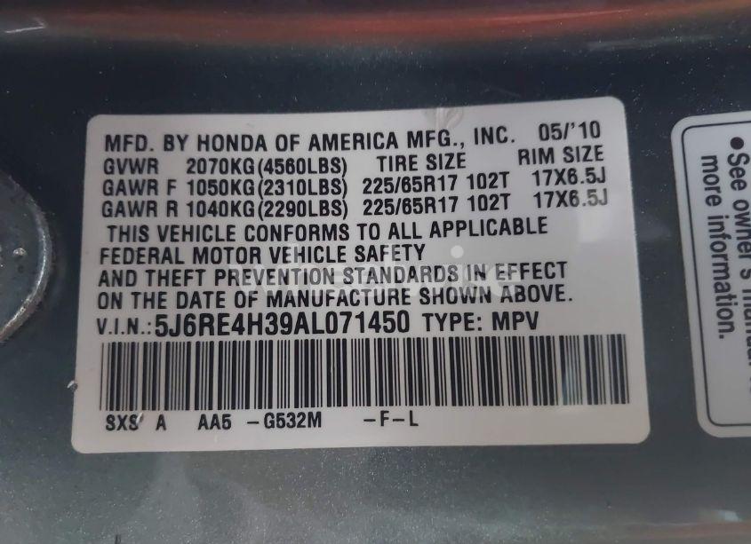 Photo 9 of 2010 Honda Cr-v LX (VIN 5J6RE4H39AL071450)