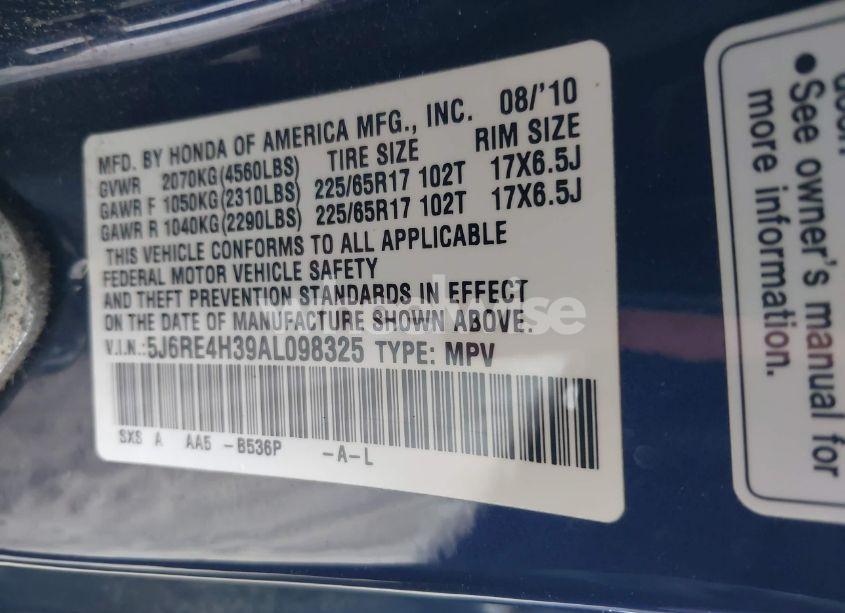 Photo 9 of 2010 Honda Cr-v LX (VIN 5J6RE4H39AL098325)